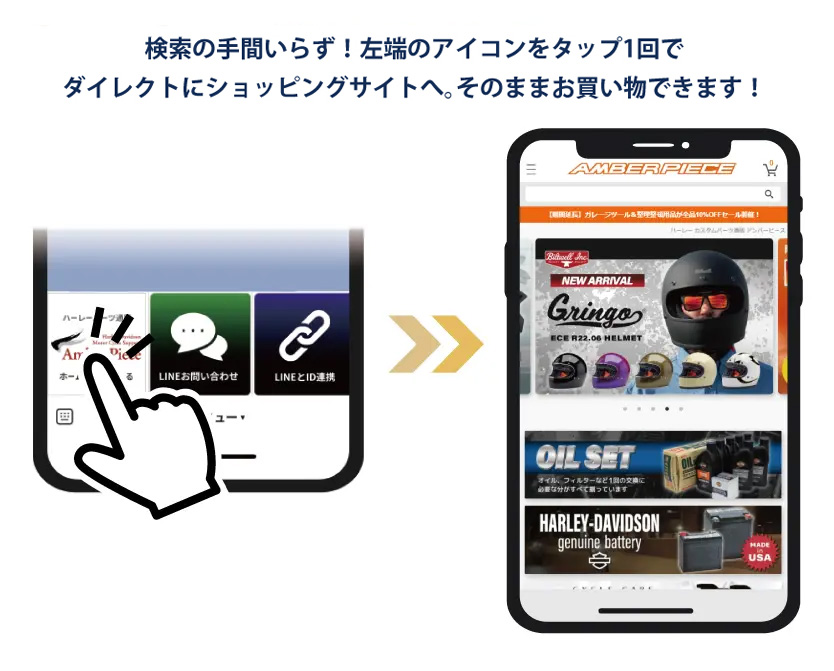 検索の手間いらず！左端のアイコンをタップ１回でダイレクトにショッピングサイトへ。そのままお買い物できます！